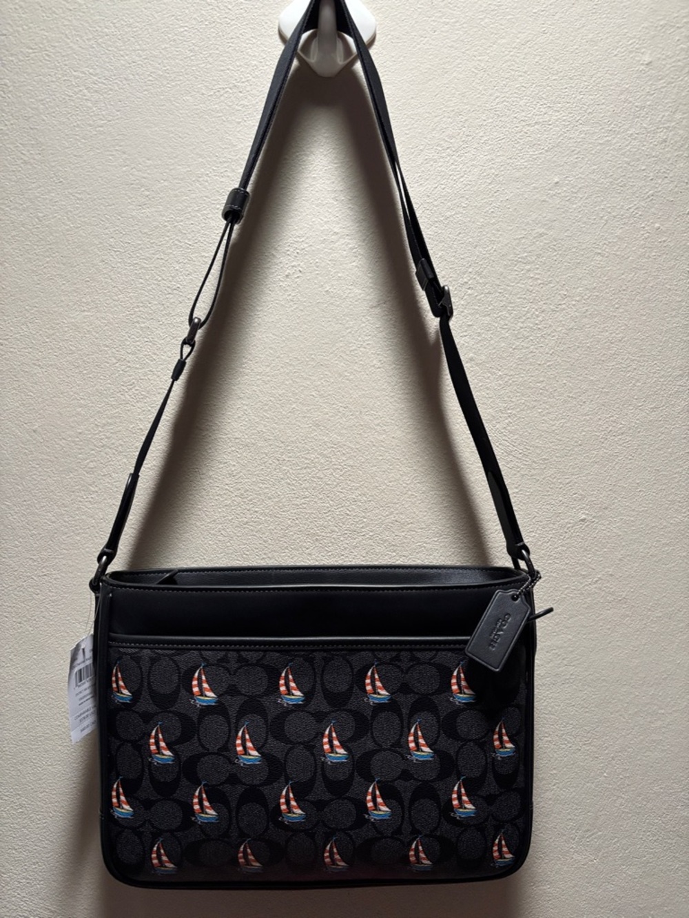 Coach Black Signature Messenger Bag with Red-White-Blue Sailboat Print